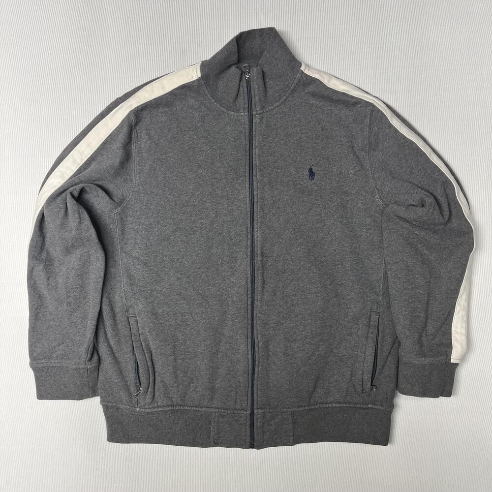 Polo Ralph Lauren Jacket Mens XL Gray Full Zip Fleece Track Shoulder Stripe